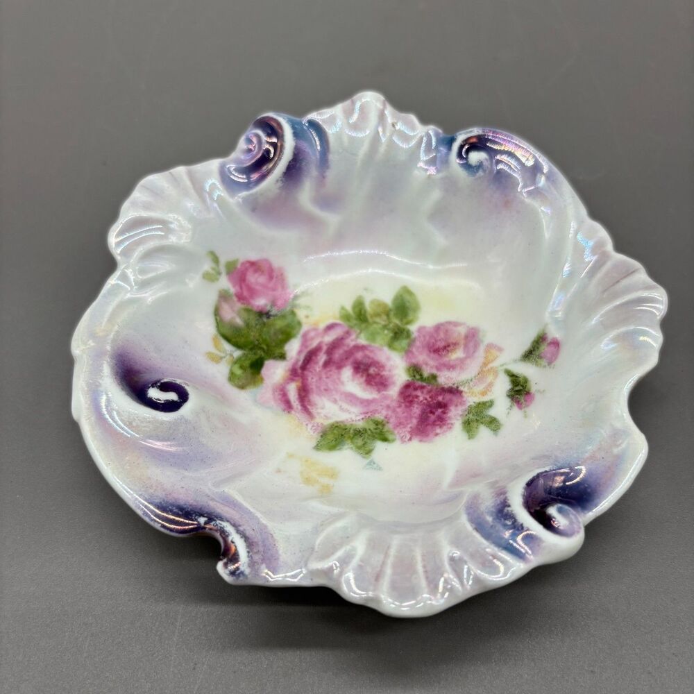 Antique Johann Seltmann JSV Germany Porcelain Trinket Dish Roses Purple Lustre